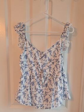 Pink Lily White Floral Ruffle Strap Peplum Tank Top